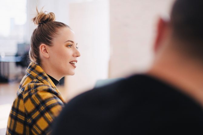 woman wearing yellow plaid